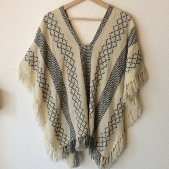 Free People Sweaters - Free People Blue & Cream Tassle Poncho